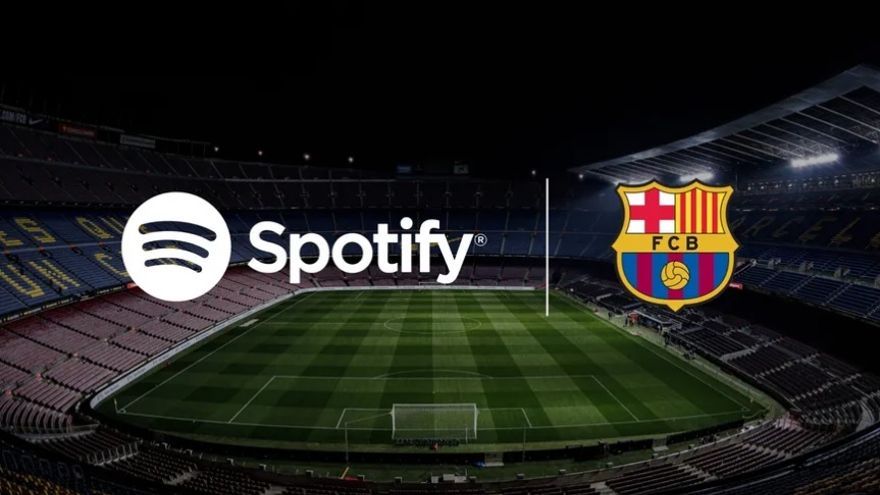 El Camp Nou, el logo de Spotify y el escudo del Barcelona.