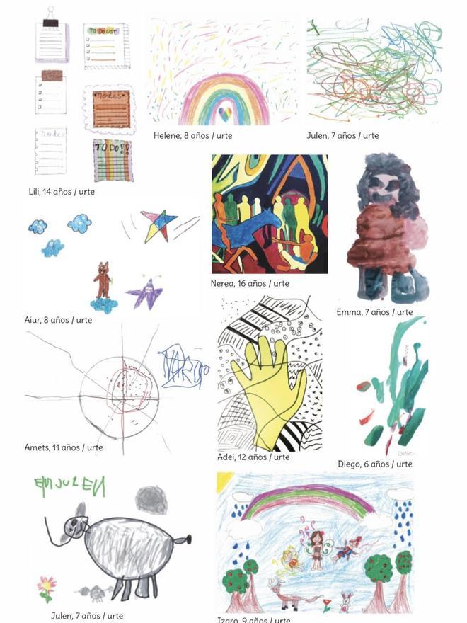 Ilustraciones de niños y niñas que colaboran en Hiru Hamabi.