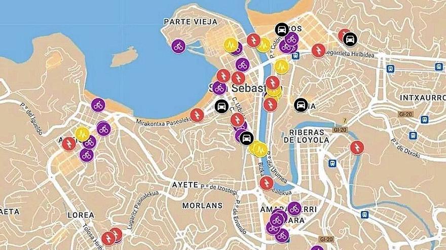 Mapa de incidencias en la red ciclista de Donostia. | FOTO: N.G.