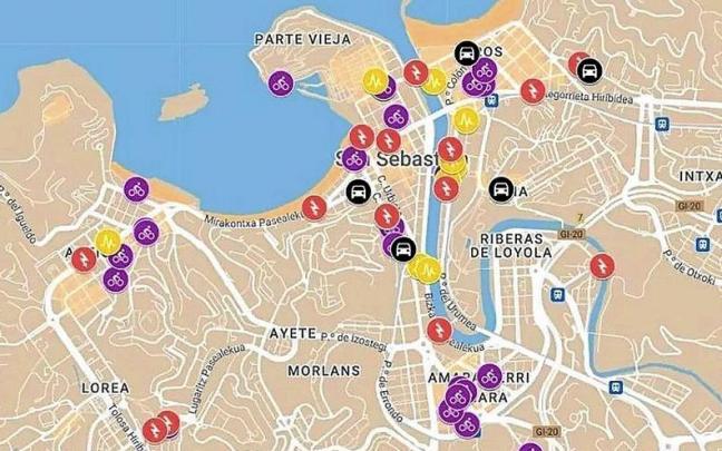 Mapa de incidencias en la red ciclista de Donostia. | FOTO: N.G. Mapa de incidencias en la red ciclista de Donostia. | FOTO: N.G.