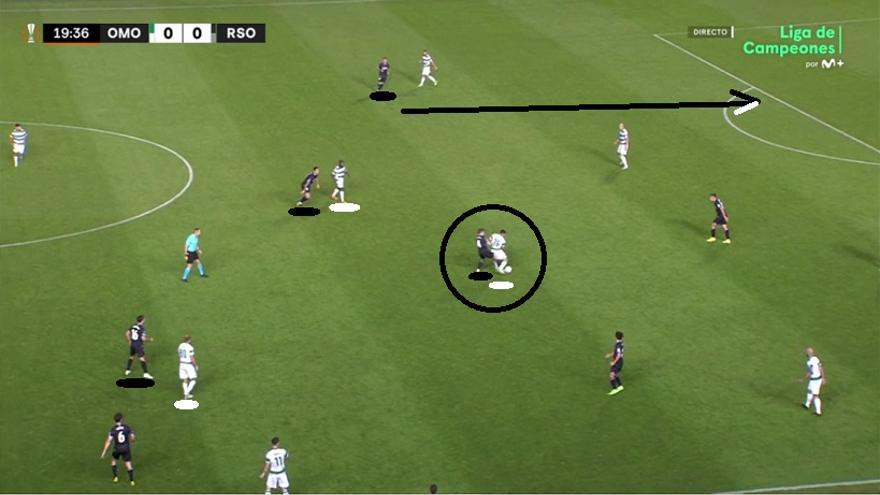 Estos emparejamientos 'naturales' en zona interior ayudaron a la ejecución de la presión tras pérdida, originando robos como este de Illarra, inmediatamente previo a la clara ocasión del mismo Navarro.