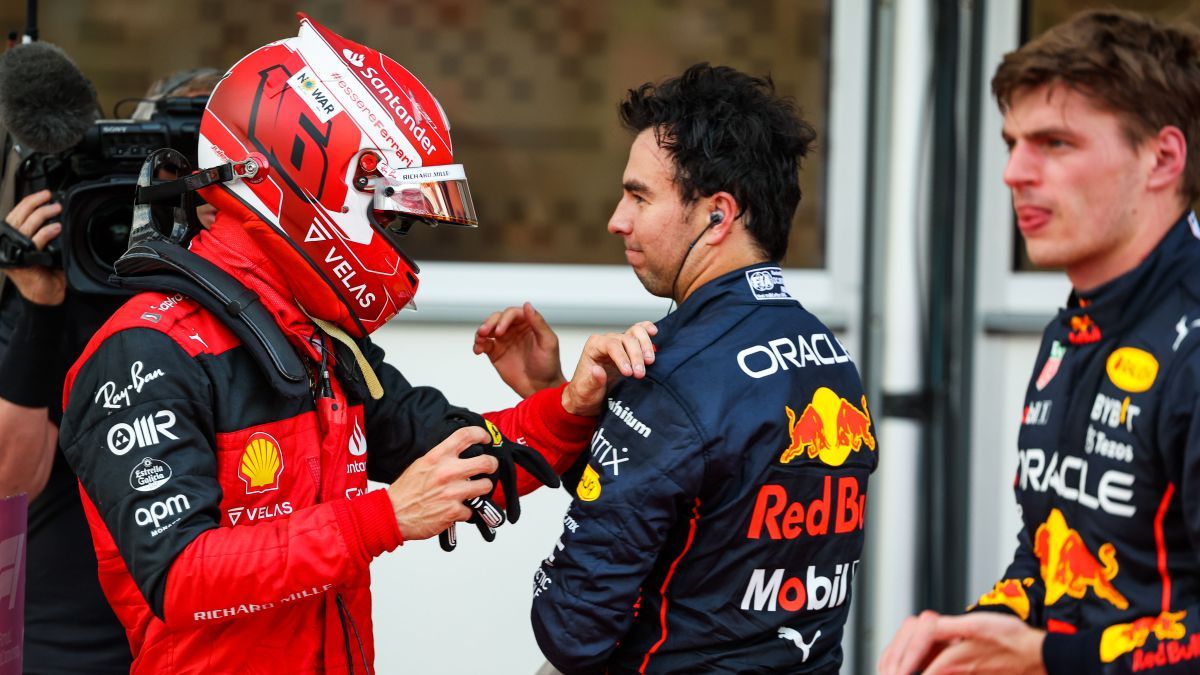 Los pilotos de F1 Charles Leclerc (izq.), 'Checo' Pérez (c) y Max Verstappen (der.).