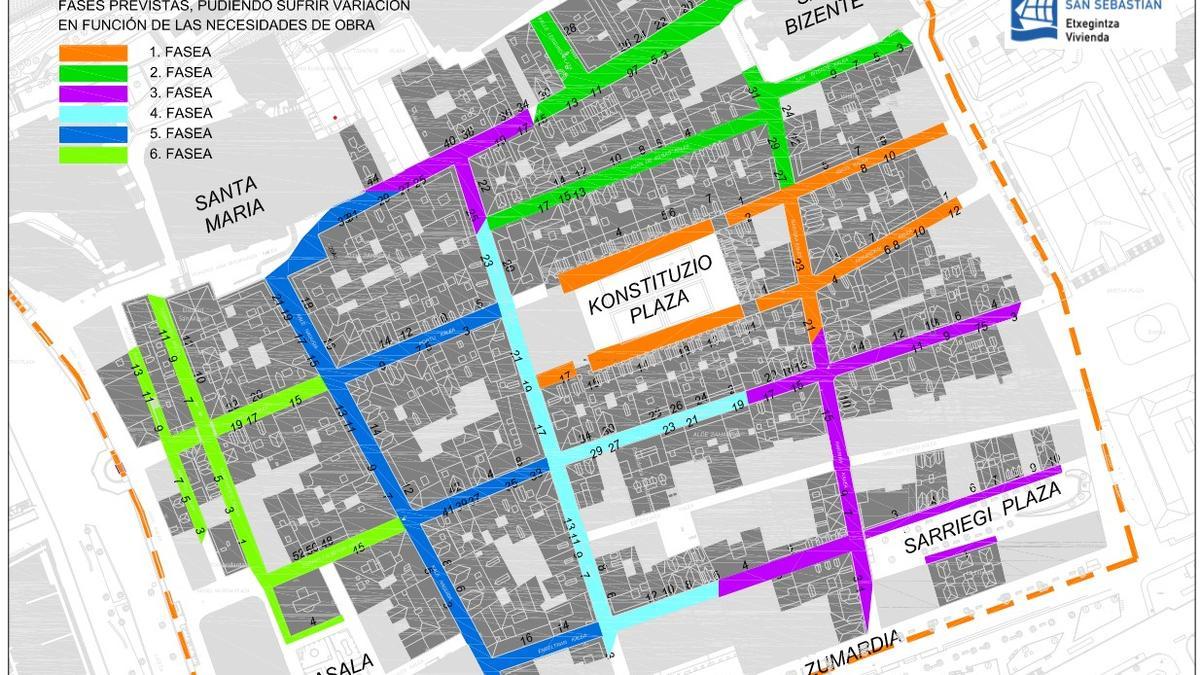 Mapa de la Parte Vieja con las distintas fases de obra para implantar la fibra óptica.