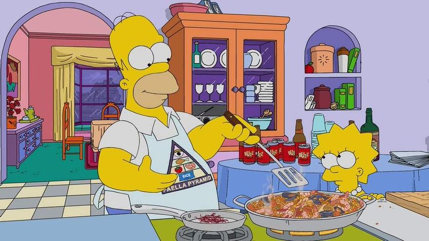 Homer preparando su receta de paella.