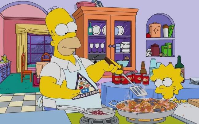 Homer preparando su receta de paella.