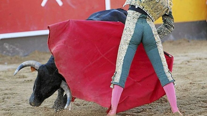 Delgado inicia un molitene ante la brava y humillada acometida del cuarto novillo, ‘Ganchero’.