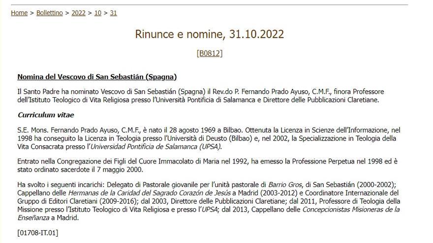 Nombramiento de Fernando Prado como obispo de Donostia en el Boletín de la Santa Sede