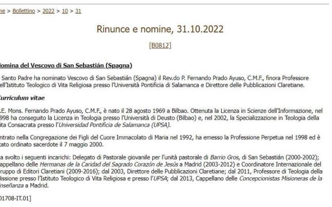 Nombramiento de Fernando Prado como obispo de Donostia en el Bolet&iacute;n de la Santa Sede