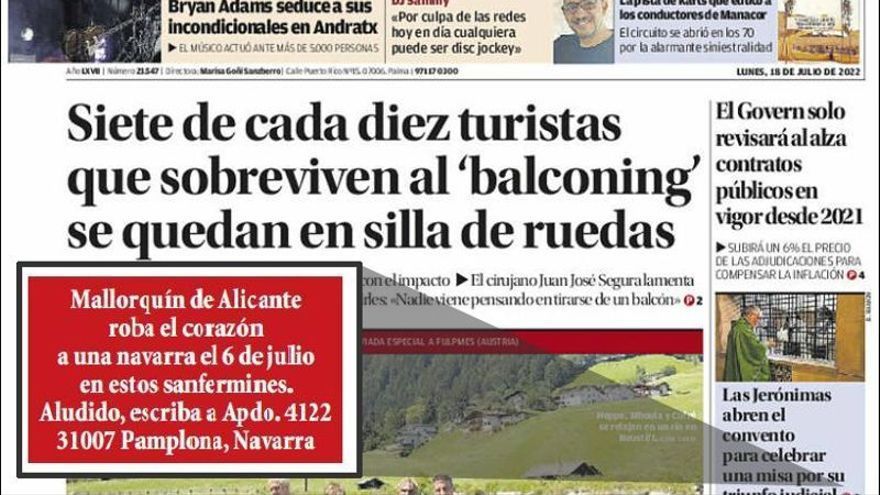 Vista de la portada del Diario de Mallorca, con el anuncio destacado en letras blancas con fondo rojo.