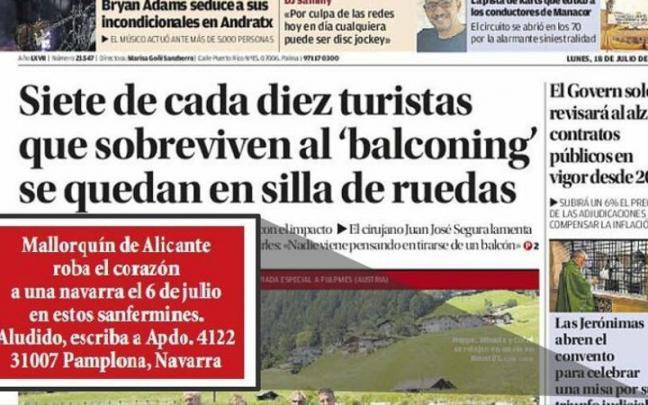 Vista de la portada del Diario de Mallorca, con el anuncio destacado en letras blancas con fondo rojo.