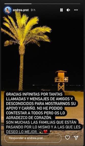 Publicación de Andrea Prat agradeciendo el apoyo y el cariño recibido tras dar a conocer la historia de su hermano.