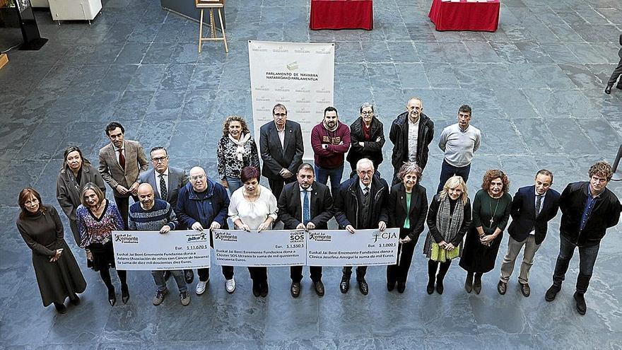 Foto de familia en el Parlamento de Navarra tras la entrega de donativos de Fundación Remonte Euskal Jai Berri a tres asociaciones.