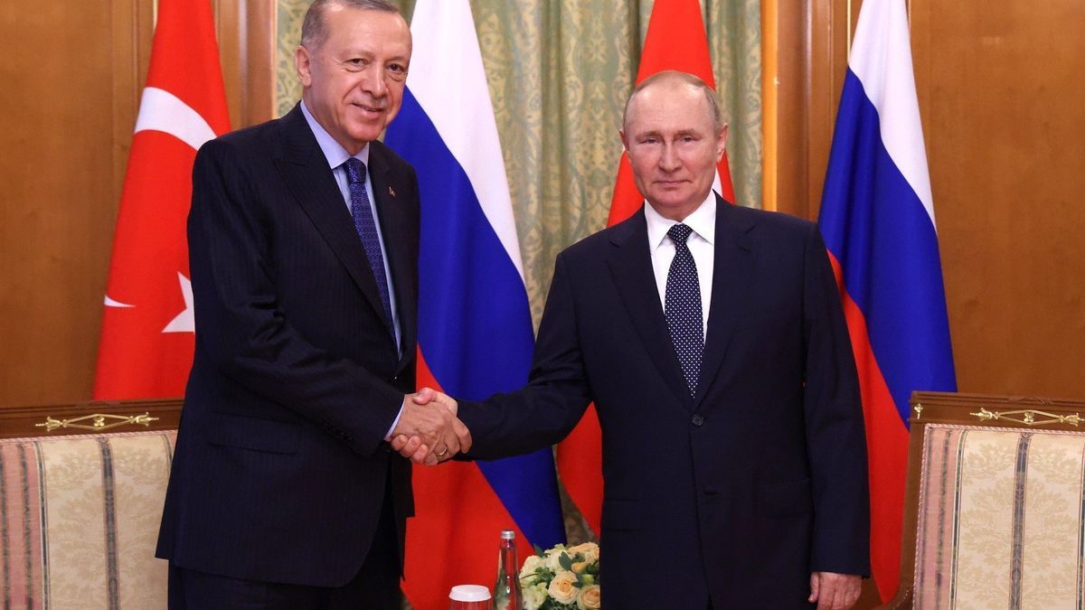 Recep Tayyip Erdogan y Vladimir Putin se saludan al inicio de su encuentro.