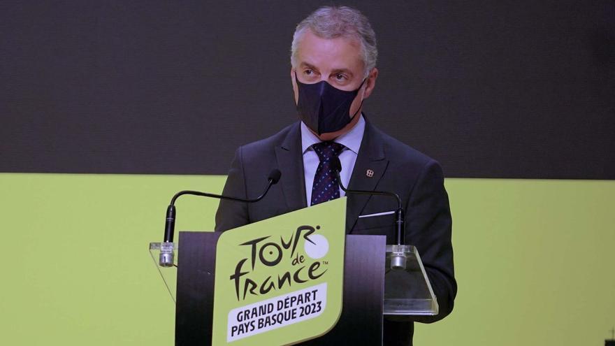 El lehendakari, Iñigo Urkullu, durante la comparecencia en la que se desvelaron los tres recorridos vascos del Tour de Francia de 2023.