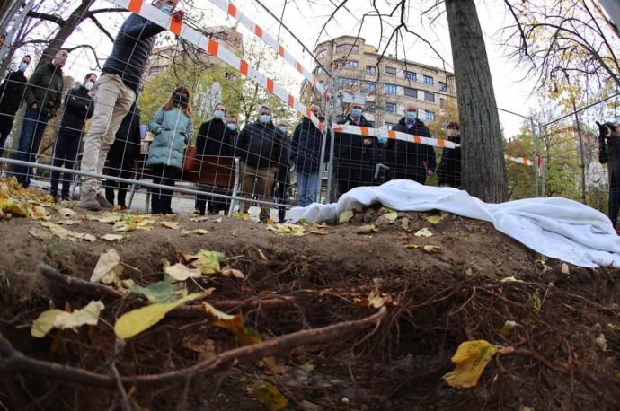 Miembros de la Comisión de Urbanismo del Ayuntamiento de Pamplona visitando las catas de arbolado que se están haciendo en Sarasate para determinar una posible reurbanización del paseo.