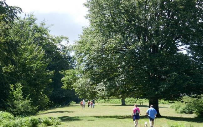 Personas caminan por un sendero de la sierra de Urbasa