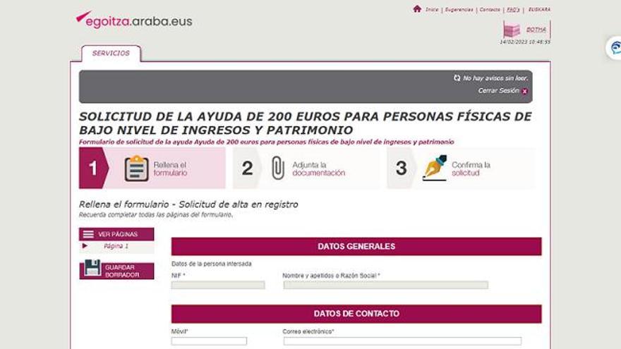 Imagen del formulario para solicitar la ayuda en la web de la Diputación.