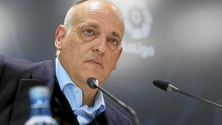 Javier Tebas, en la comparecencia de prensa de ayer en la sede de la Liga.