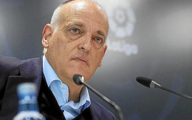 Javier Tebas, en la comparecencia de prensa de ayer en la sede de la Liga. Javier Tebas, en la comparecencia de prensa de ayer en la sede de la Liga.