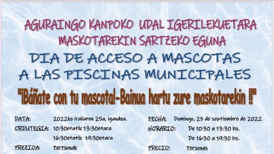 El cartel que anuncia el Día de acceso a las piscinas de Agurain de las mascotas