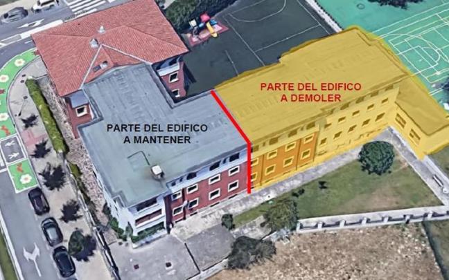 Gráfico en el que se destaca la parte del edificio del Sagrado Corazón que será demolida Gráfico en el que se destaca la parte del edificio del Sagrado Corazón que será demolida