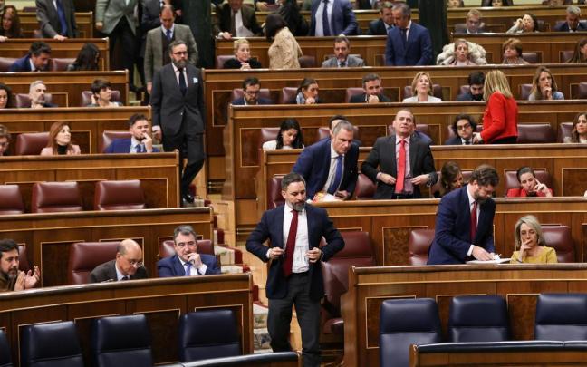Los diputados de Vox, con Abascal a la cabeza, abandonan el pleno del Congreso.