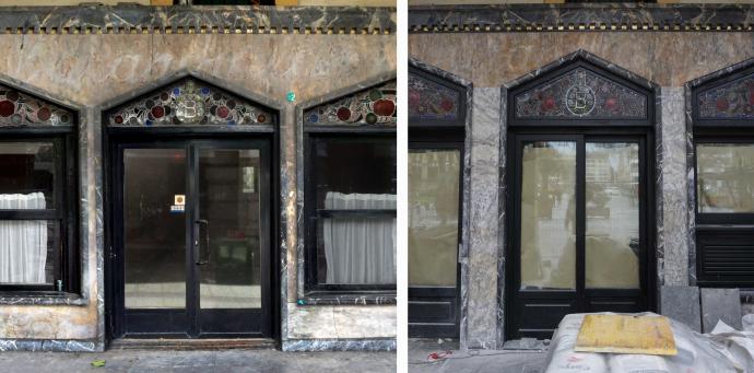 La puerta principal del antiguo Barandiarán, antes y después de la obra.