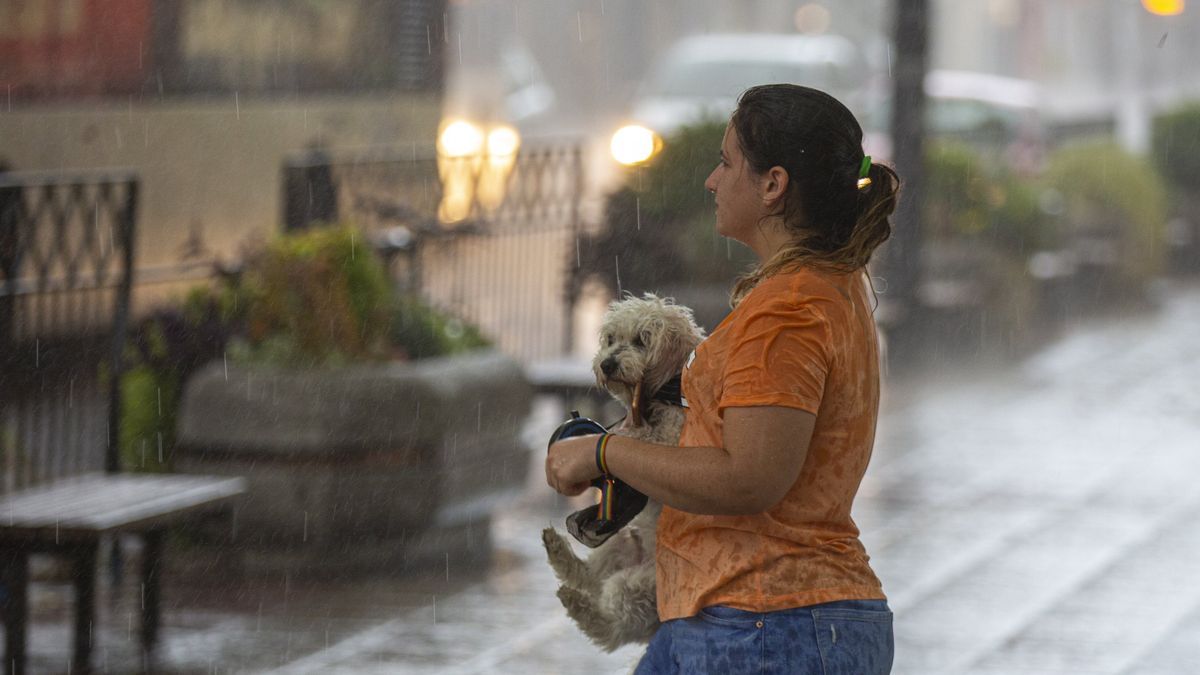 Una mujer camina con su perro bajo la lluvia durante la tormenta en Vitoria
