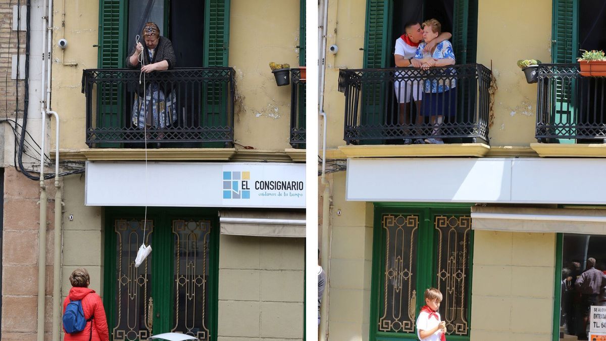 Ana Mari Pinillos, en su balcón con dos años y medio de diferencia: en pleno confinamiento y con su nieto después del chupinazo.