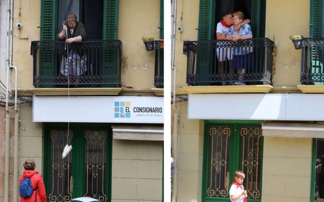 Ana Mari Pinillos, en su balcón con dos años y medio de diferencia: en pleno confinamiento y con su nieto después del chupinazo.