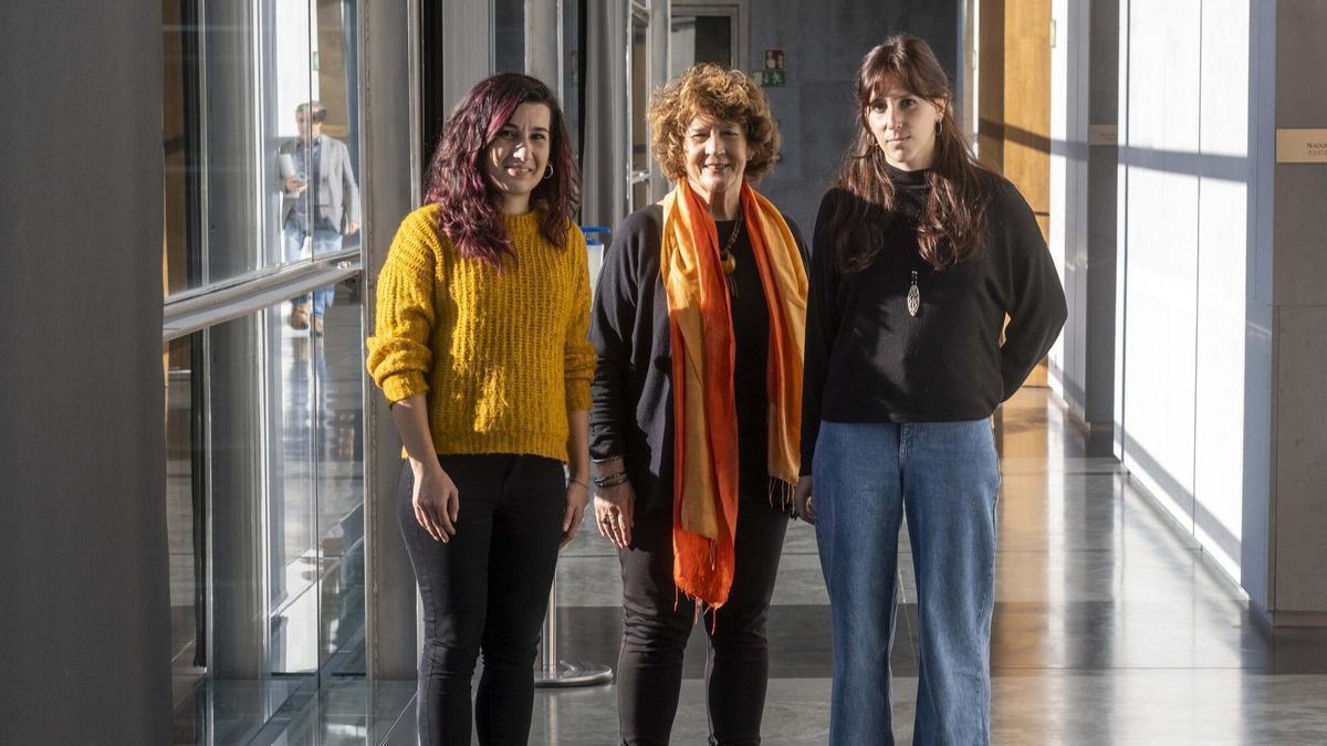 Txaro Pardo (centro), junto a Virginia Macías y Ángel Rodríguez, en el Parlamento.