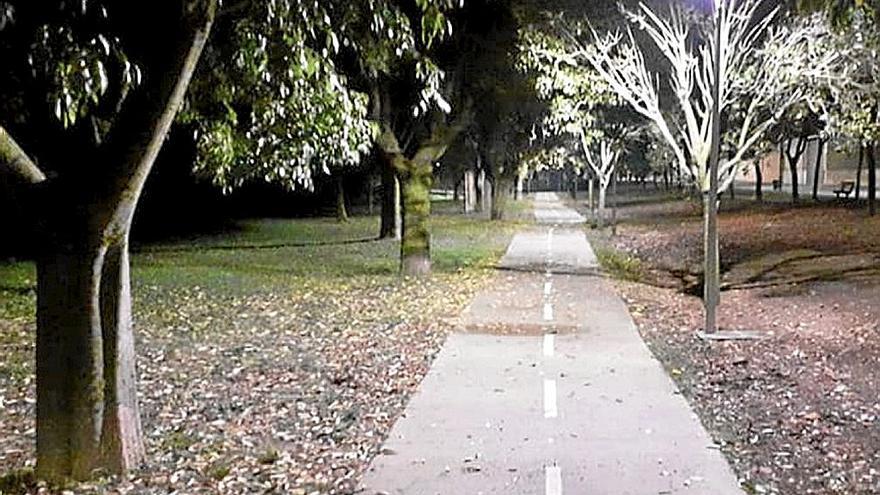 Una parte del carril bici de Falces, iluminado tras la instalación de farolas.