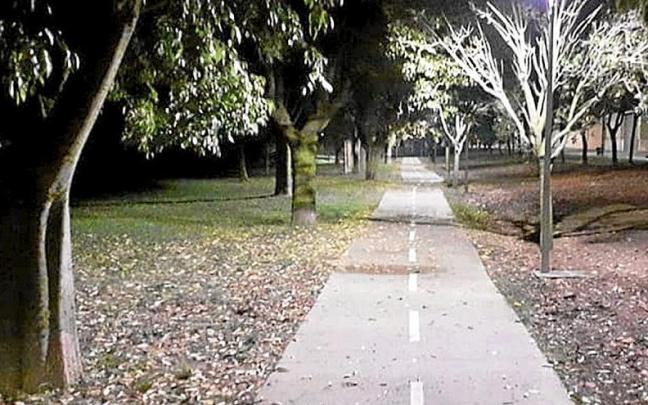 Una parte del carril bici de Falces, iluminado tras la instalación de farolas. Una parte del carril bici de Falces, iluminado tras la instalación de farolas.
