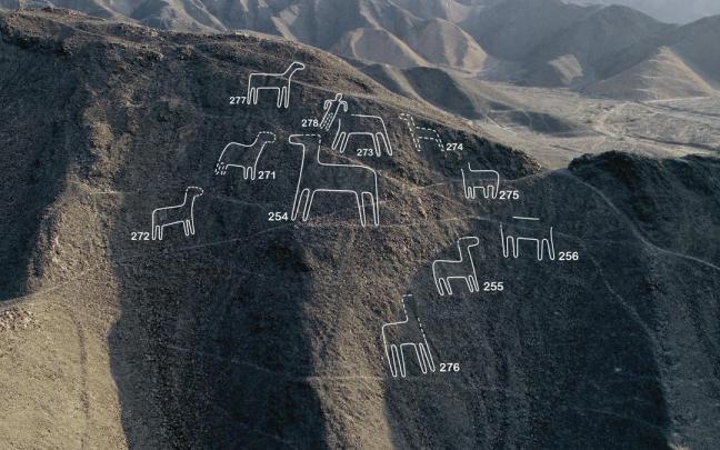 Algunos de los nuevos geoglifos descubiertos cerca de las l&iacute;neas de Nazca.