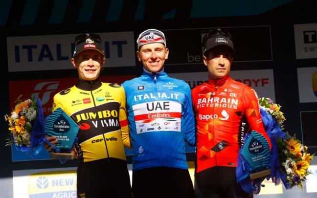 Vingegaard, el campeón Pogacar y Mikel Landa en el podio de la Tirreno-Adriático Vingegaard, el campeón Pogacar y Mikel Landa en el podio de la Tirreno-Adriático