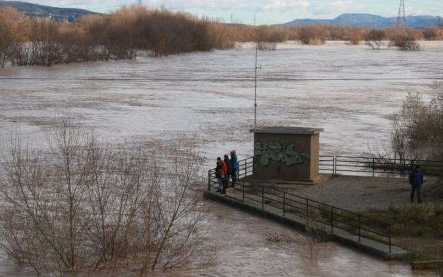 Varias personas observan la crecida del r&iacute;o Ebro junto al medidor.