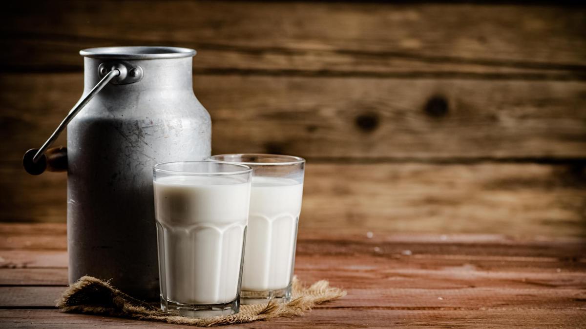 Dos vasos de leche junto a una lechera.