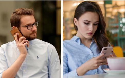 Un hombre y una mujer, con camisas de botones.