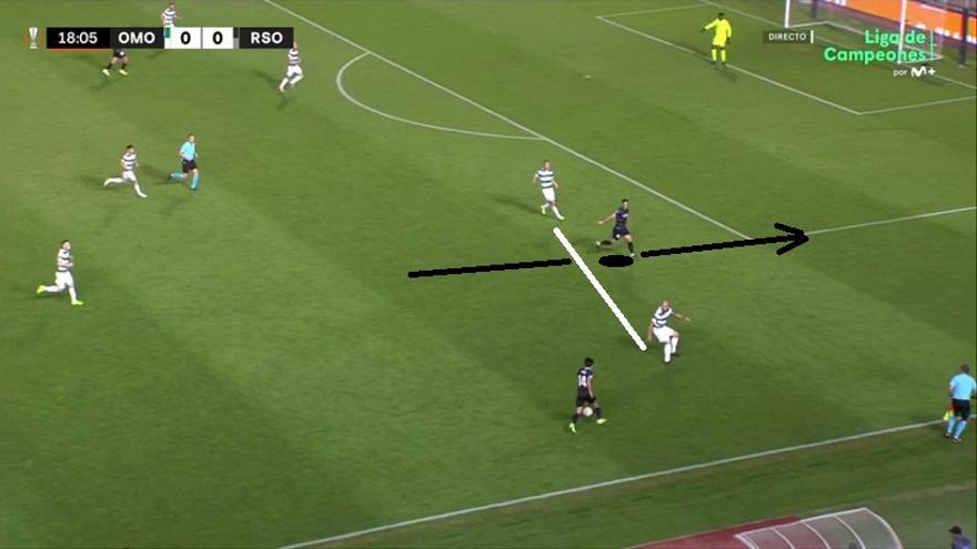 2. El desmarque del interior (Merino en la imagen) hacia línea de fondo por el pasillo abierto entre central y lateral del Omonia.