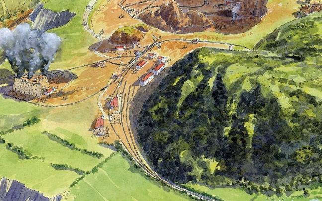 L&aacute;mina de Javier Gandarillas en la que se recrea la actividad minera en el coto minero de la mina Josefa cerca de la costa en Kobaron.