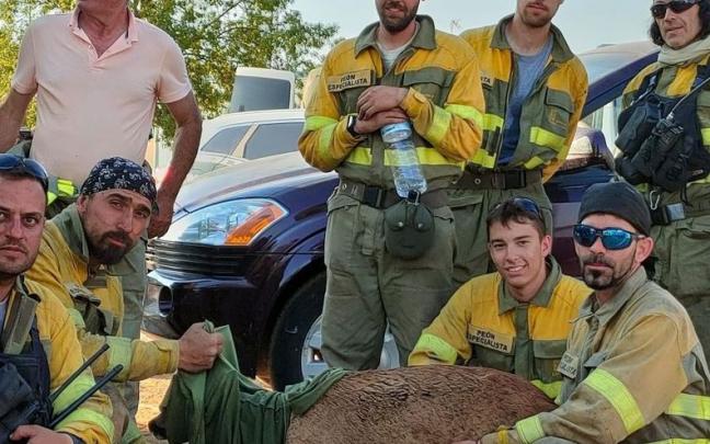 Efectivos de una ELIF junto a un corzo al que han rescatado del fuego. Efectivos de una ELIF junto a un corzo al que han rescatado del fuego.