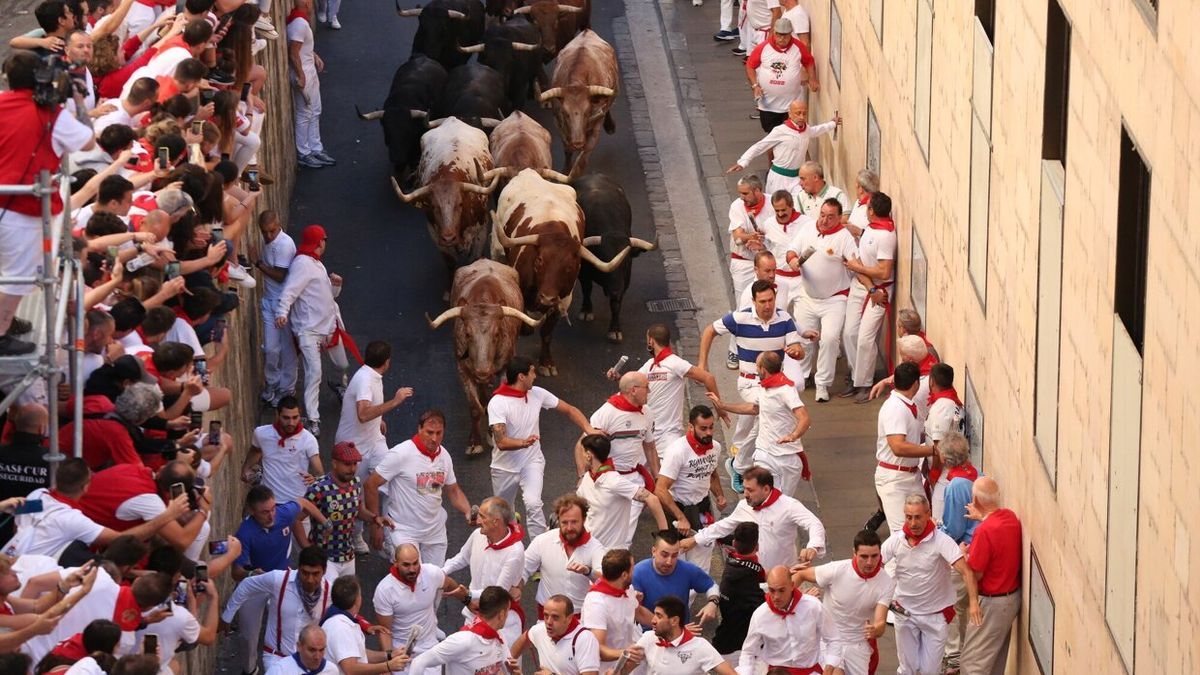 Toros de Victoriano del Río en los primeros compases del séptimo encierro.