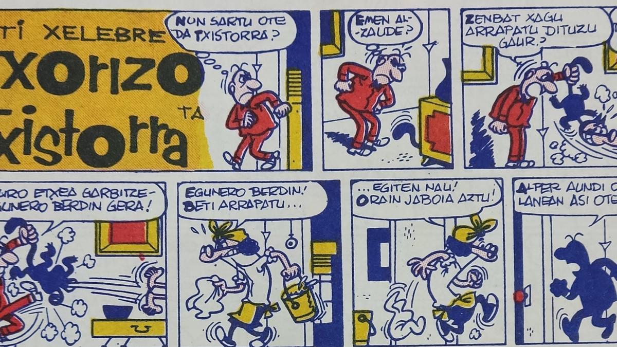 Detalle de una de las aventuras de 'Mortadelo y Filem&oacute;n' que se editaron en euskera en los 60 en 'Pan-Pina' bajo el nombre 'Txorizo ta Txistorra'.