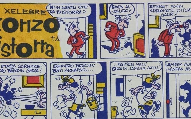 Detalle de una de las aventuras de 'Mortadelo y Filem&oacute;n' que se editaron en euskera en los 60 en 'Pan-Pina' bajo el nombre 'Txorizo ta Txistorra'.
