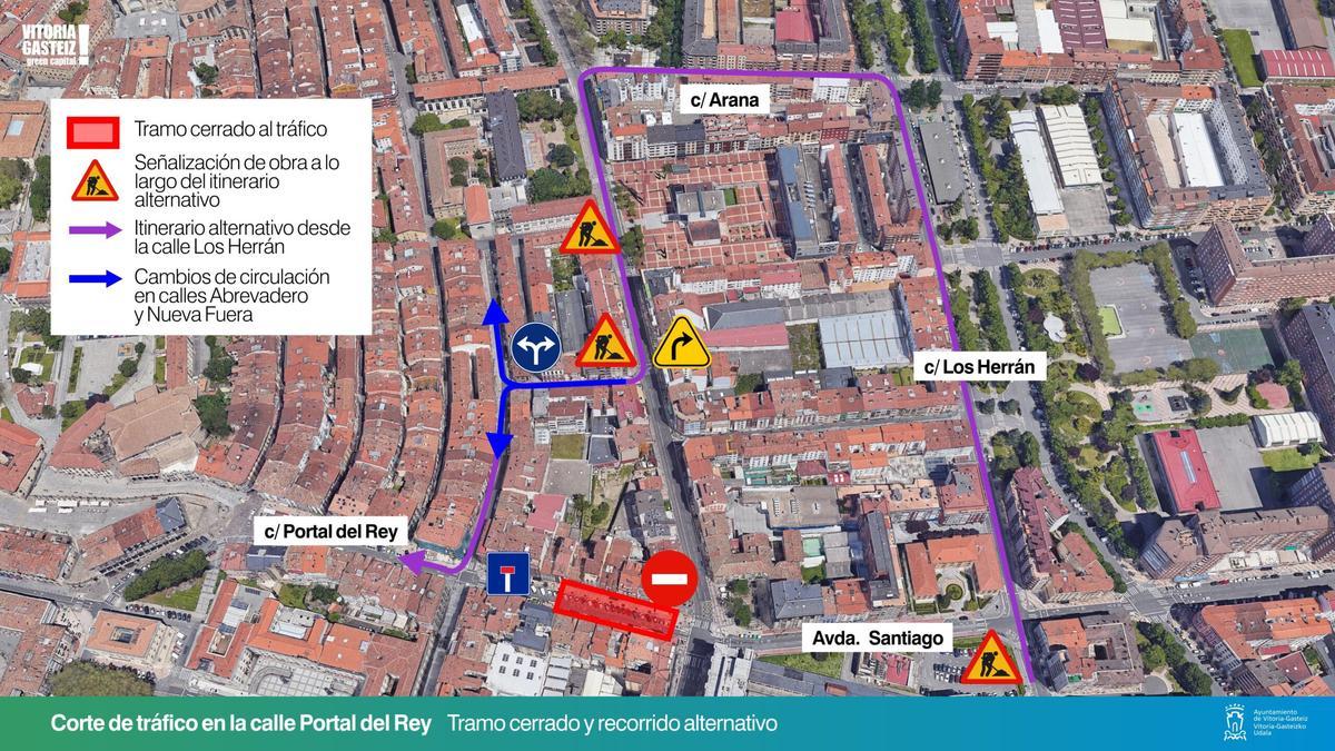 Plano con accesos provisionales a Portal del Rey durante los cinco días que dure el corte del acceso desde la calle Francia