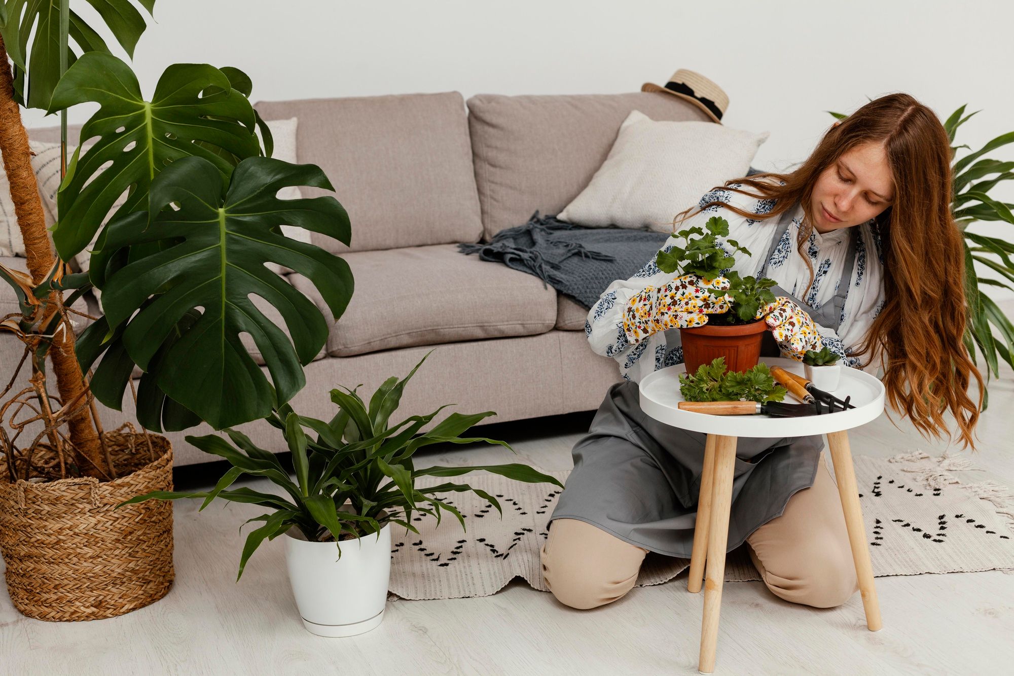 Una mujer cuida de las plantas de su hogar.