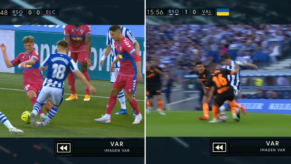 Dos expulsiones muy similares en Anoeta: la de Ra&uacute;l Guti (Elche) en mayo de 2021 y la de Aritz Elustondo este domingo.