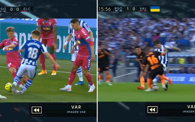 Dos expulsiones muy similares en Anoeta: la de Ra&uacute;l Guti (Elche) en mayo de 2021 y la de Aritz Elustondo este domingo.