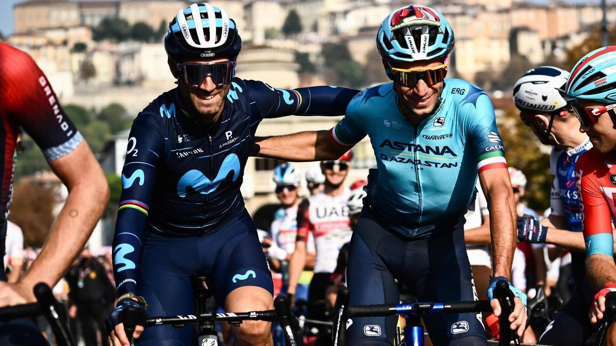 Alejandro Valverde y Vincenzo Nibali, antes de partir en Il Lombardia, su última carrera.