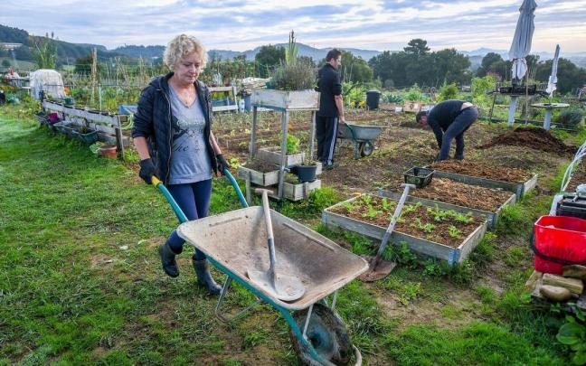 Mertxe Revilla acude con la carretilla en busca de abono para su huerta, una parcela de 100 metros cuadrados que alquila por 50 euros al mes en Erandiogoikoa.